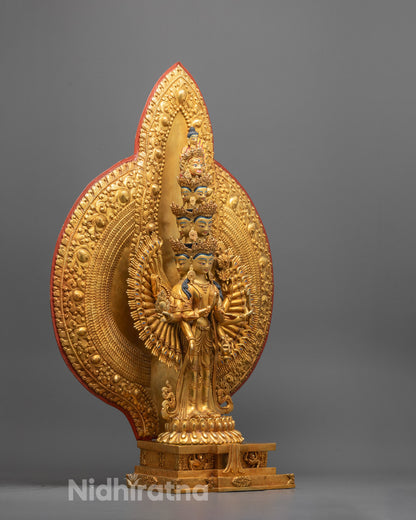 Side view of intricately carved 1000-Armed Chenrezig Statue