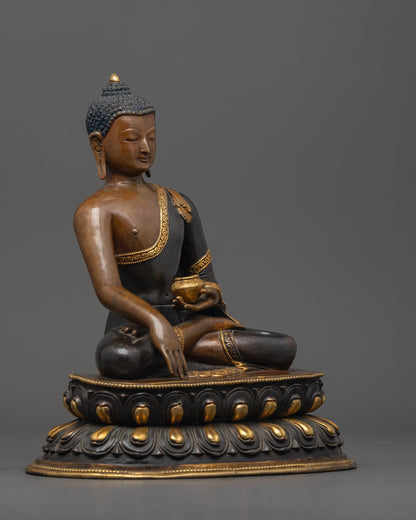 Side view of oxidized copper Shakyamuni Buddha Statue seated in earth-touching mudra