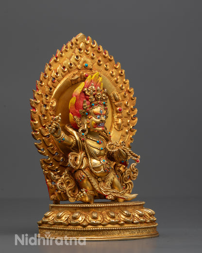 Side view of partially 24k gold gilded Vajrapani Statue made from premium copper