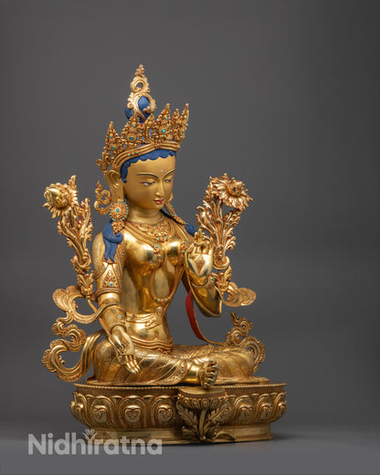 Side view of premium Green Tara Statue featuring hollow chamber for consecration