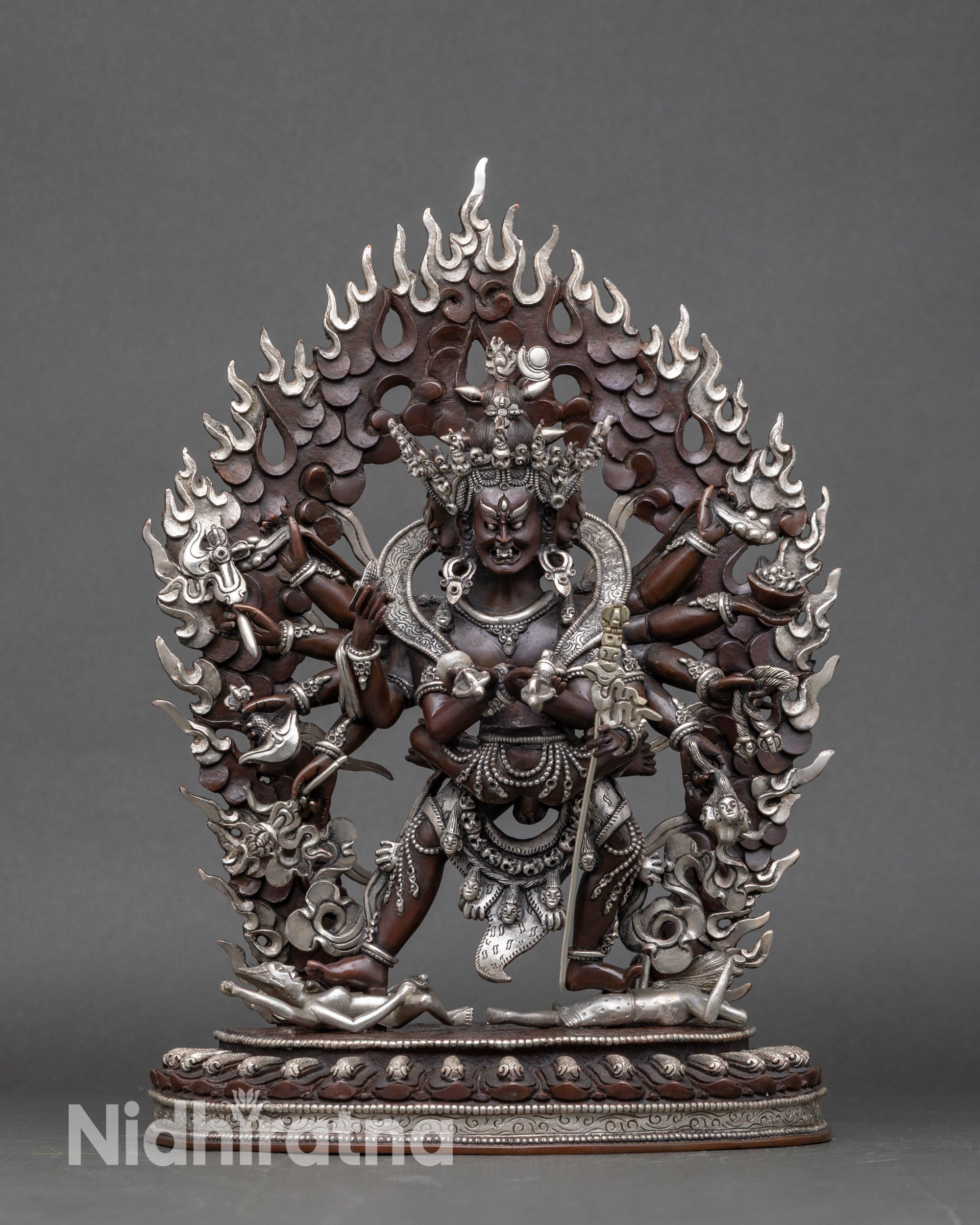 Side view of silver-plated Chakrasamvara sculpture for meditation and home altar