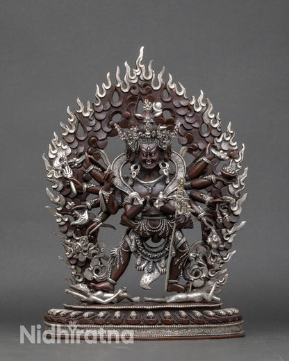 Side view of silver-plated Chakrasamvara sculpture for meditation and home altar