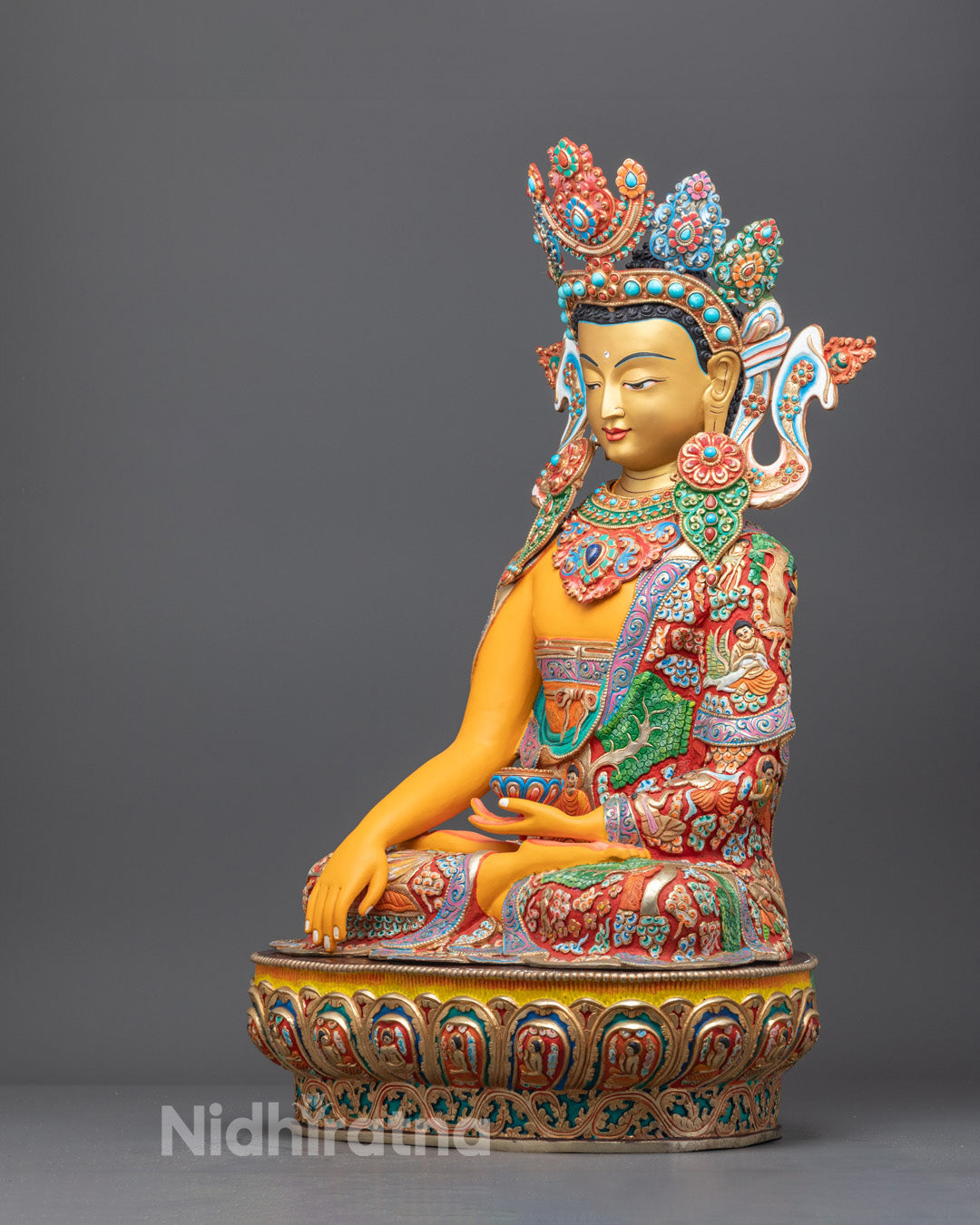 the handcrafted Shakyamuni Buddha statue in meditative posture, emphasizing traditional Nepali lost wax metalwork technique.