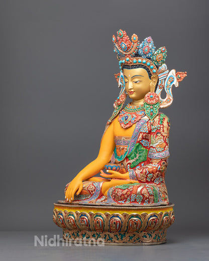 the handcrafted Shakyamuni Buddha statue in meditative posture, emphasizing traditional Nepali lost wax metalwork technique.