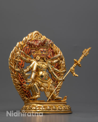 Side view of traditional Nepalese Dharmapala Statue seated on a lotus base