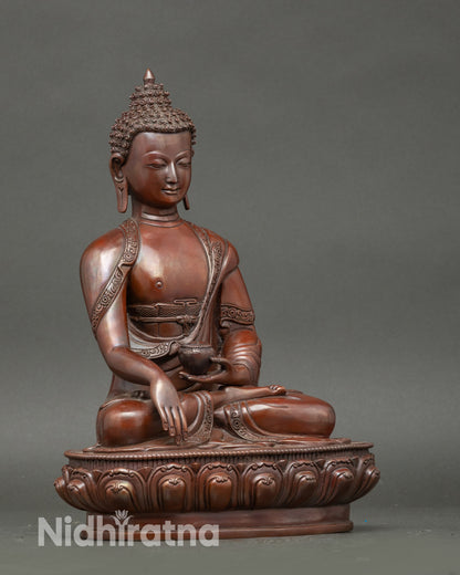 Side view oxidized Shakyamuni Buddha statue seated in meditative posture
