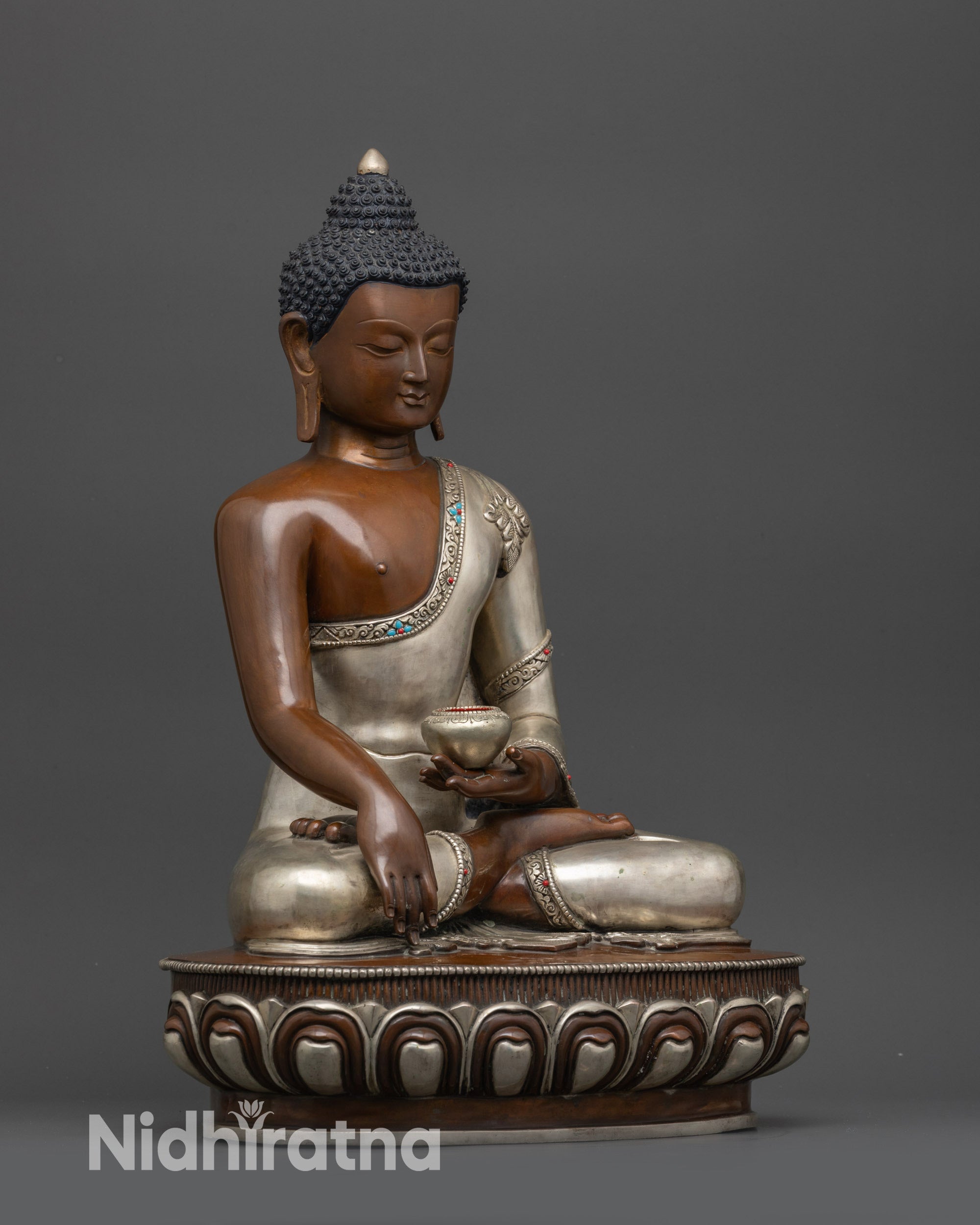 Side view oxidized copper Tathagata Shakyamuni statue showing earth-touching mudra
