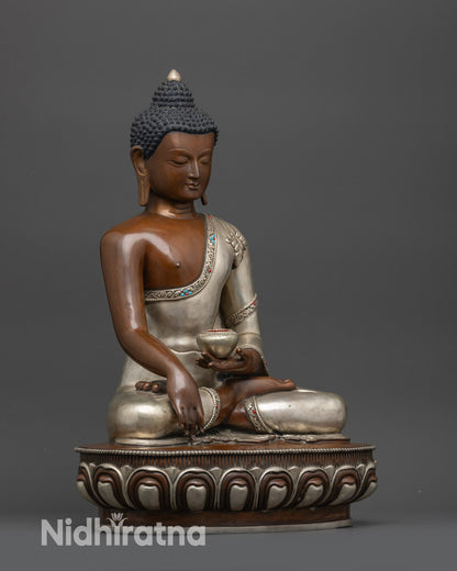 Side view oxidized copper Tathagata Shakyamuni statue showing earth-touching mudra
