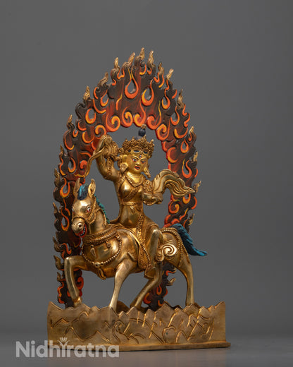 Side view showing detailed jewelry and carved patterns on horse of Achi Chokyi Drolma statue