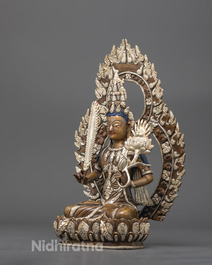 Side view showing detailed silver carvings on robe and jewelry of Akasagarbha statue