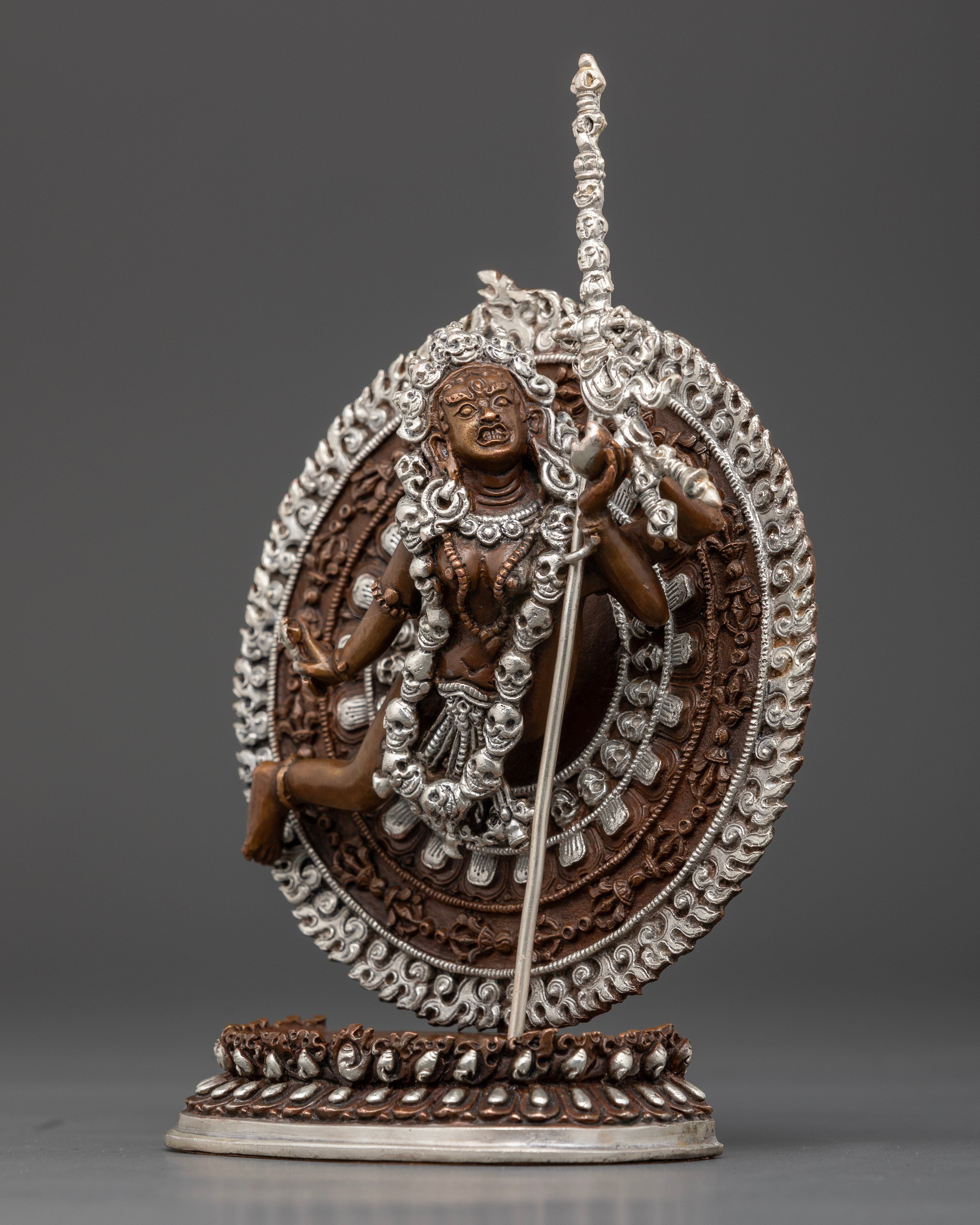 Silver-plated Vajrayogini statue holding skull cup and curved knife, handcrafted Nepalese art