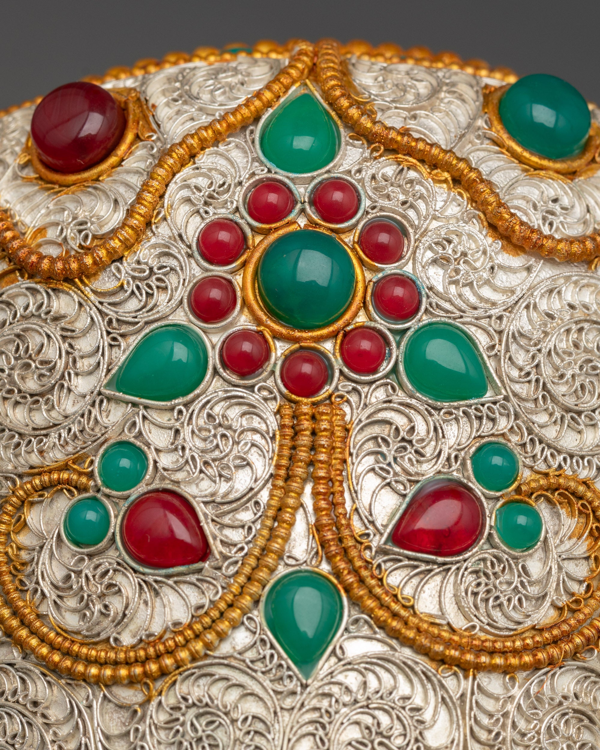 Silver and gold-plated Tibetan ritual vessel symbolizing abundance and purity