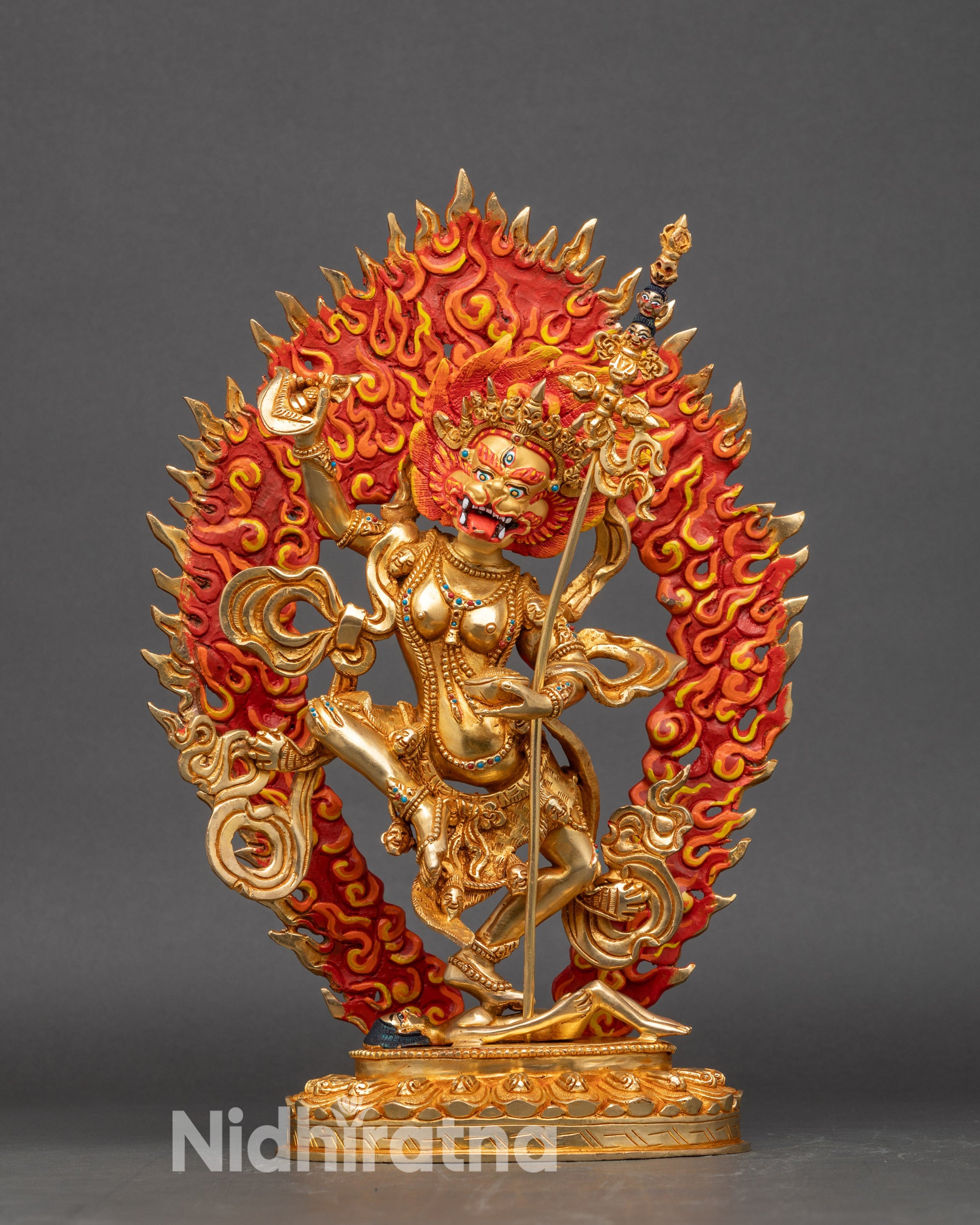 Simha Mukha Lion-Faced Deity statue, handcrafted Nepalese copper, 24K gold fire-gilded