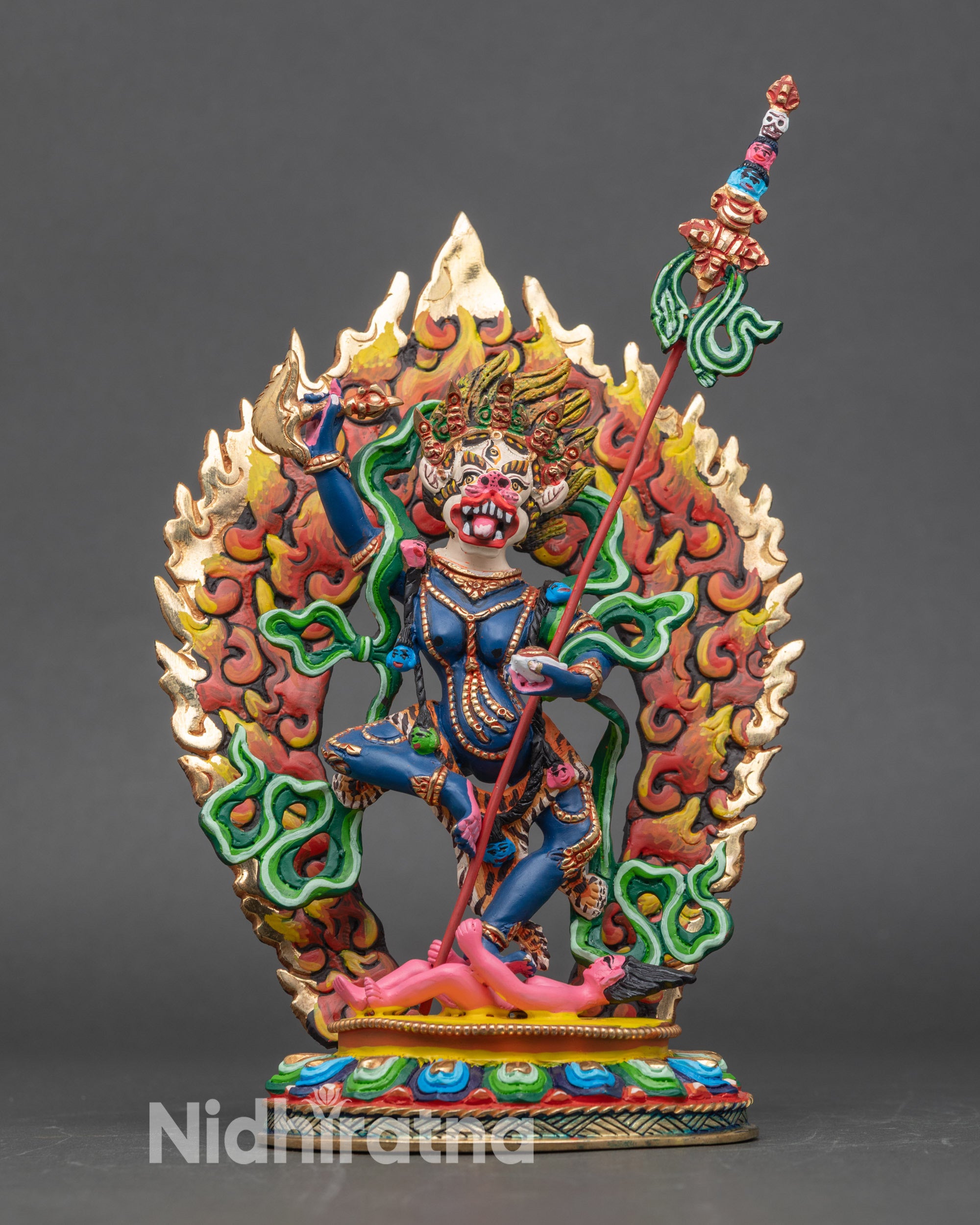 Simha Mukha statue from Nepal, handcrafted copper with lion face and five-skull diadem