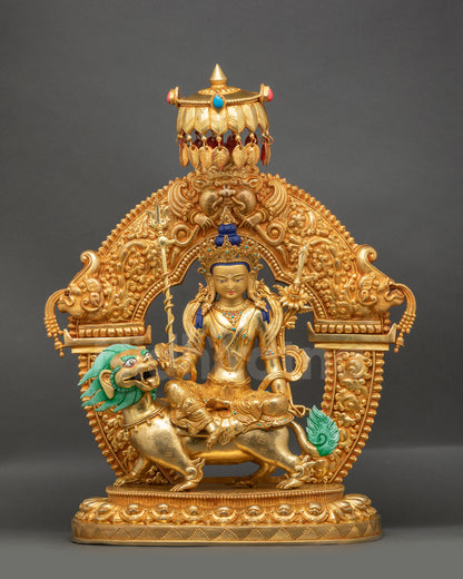 Simhada Chenrezig Statue seated on Snow Lion with lotus base and gold accents