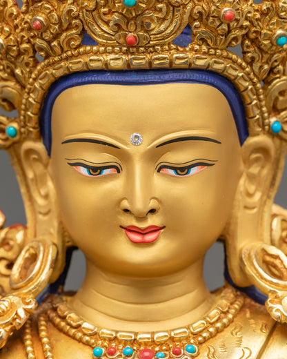 Simhada Chenrezig gold-gilded serene face with jeweled crown and ornaments