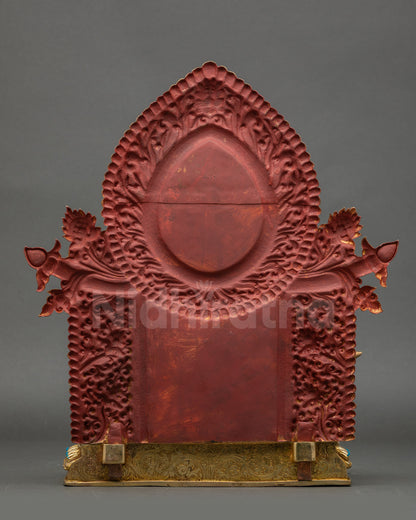 Simhada Manjushri back view showing swirling robes and gold fire-gilding details