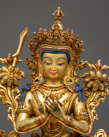 Simhada Manjushri close up of copper statue with gold fire-gilding Nepal