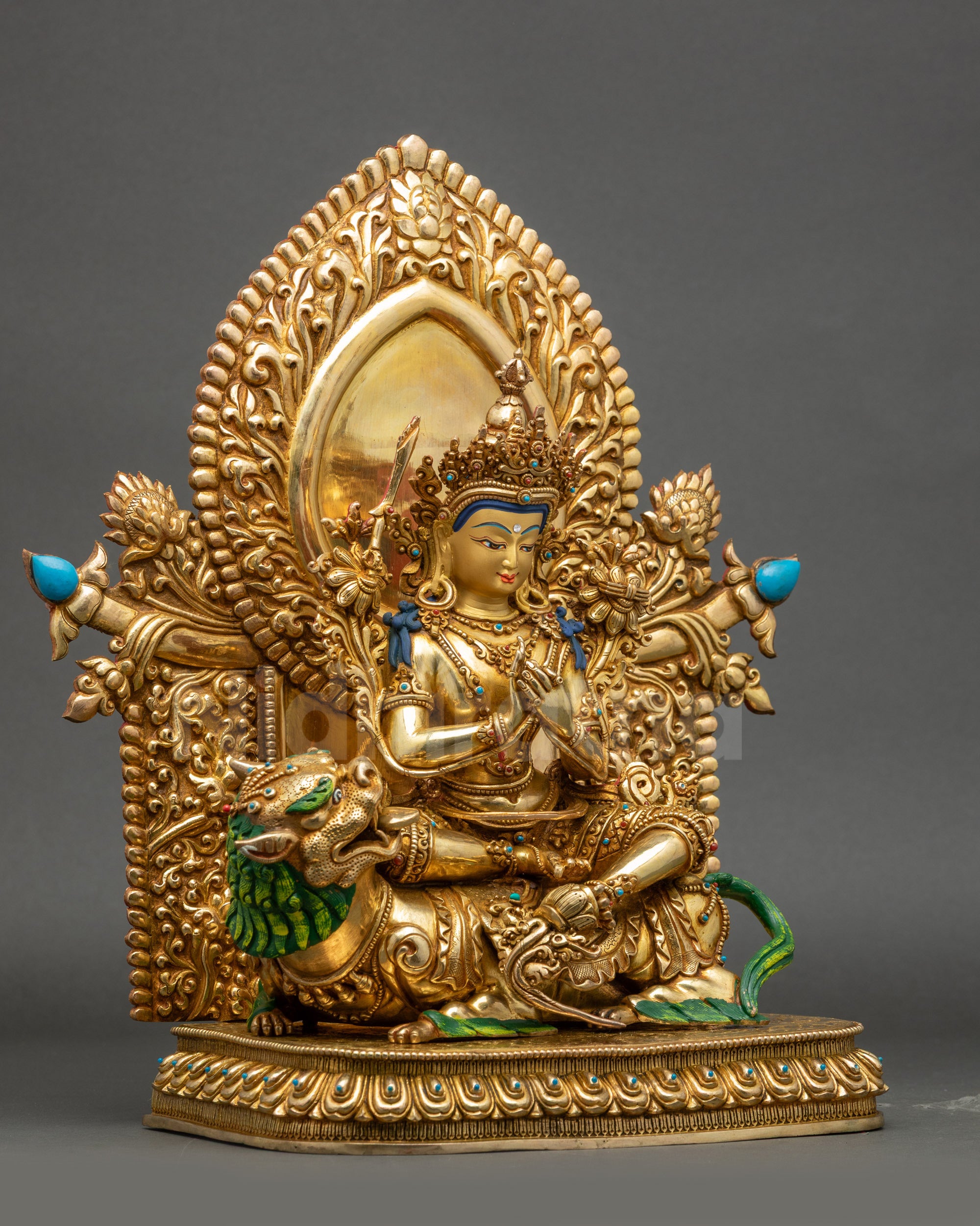 Simhada Manjushri right side view copper Buddhist statue on Snow Lion