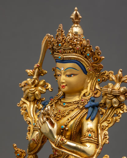 Simhada Manjushri side close up showing intricate 3D carved robes