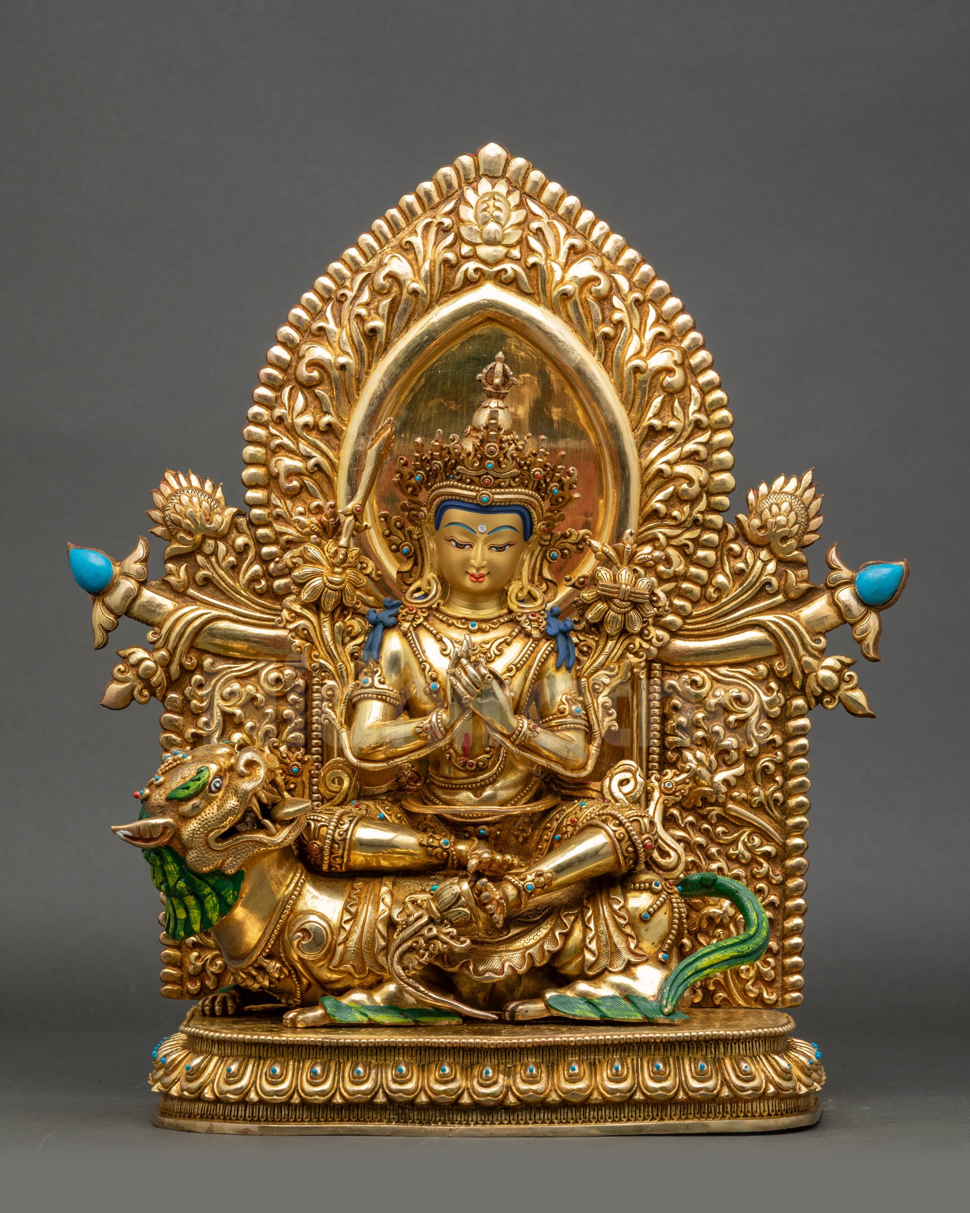 Simhada Manjushri statue front view gold-gilded copper Buddhist sculpture Nepal