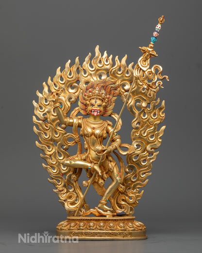 Simhamukha Statue front view with 24k gold finish and hand-painted copper details
