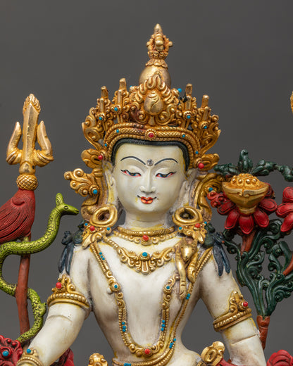 Simhanada Chenrezig Statue close up showing gold-gilded face and jewelry details