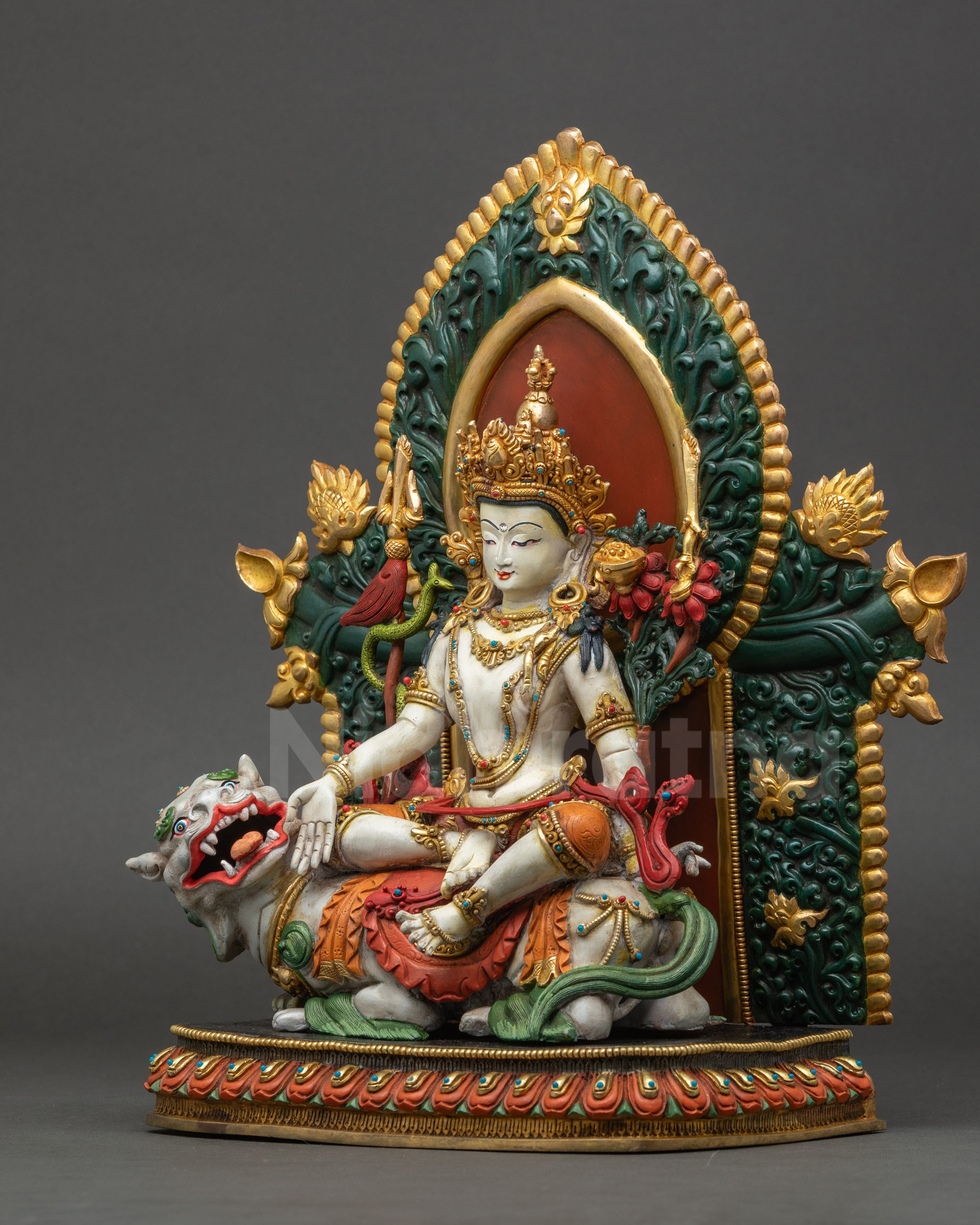 Simhanada Chenrezig Statue left side view with semi-precious stones