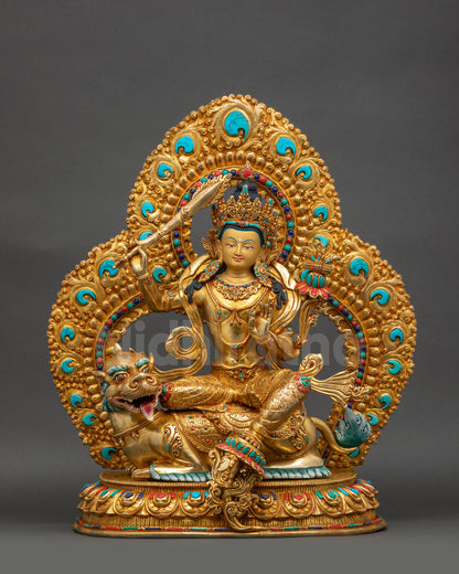 Simhanada Manjushri Statue front view gold fire-gilded lion’s roar deity