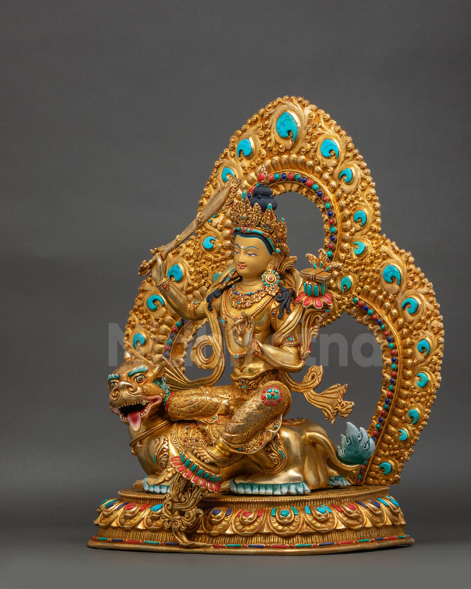 Simhanada Manjushri left side view gold-gilded Bodhisattva on lotus seat