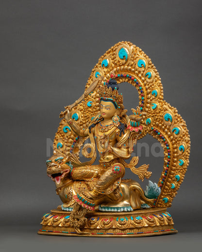 Simhanada Manjushri left side view gold-gilded Bodhisattva on lotus seat
