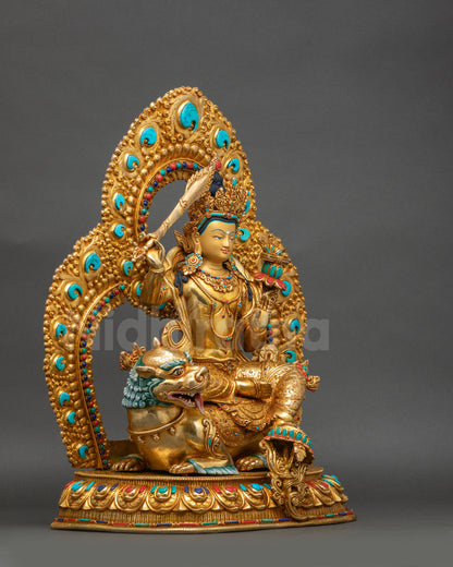 Simhanada Manjushri right side view copper alloy Buddhist deity statue