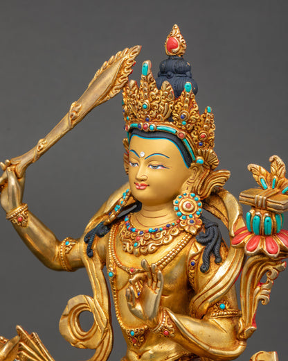 Simhanada Manjushri side close up swirling robes and intricate patterns