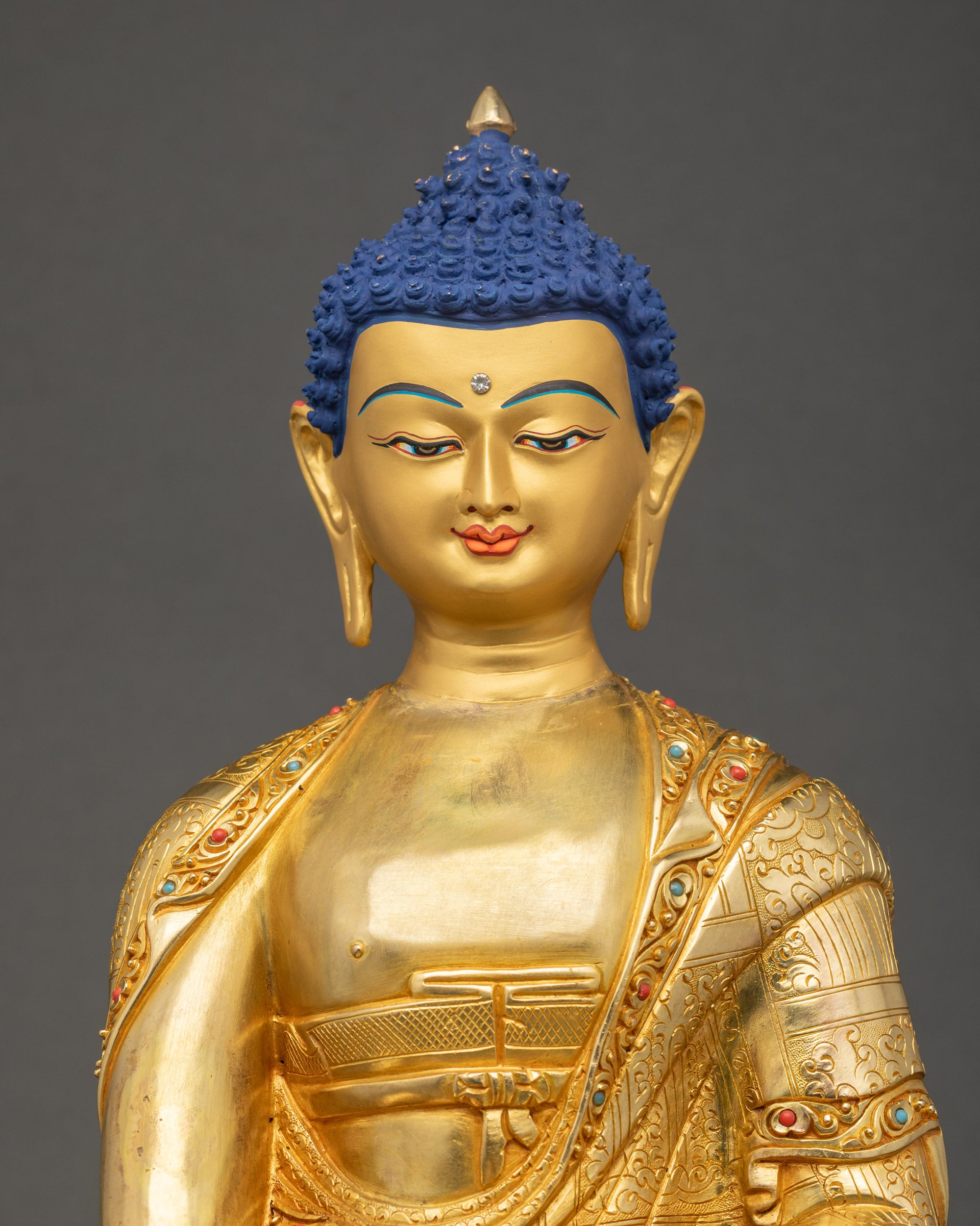 Sitting Buddha Statue copper with gold-fire gilding regular close up