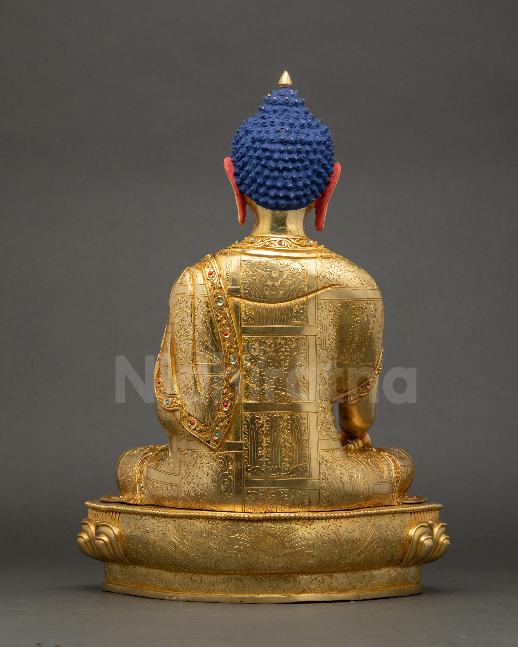 Sitting Buddha Statue gold-fire gilded copper back with carved details
