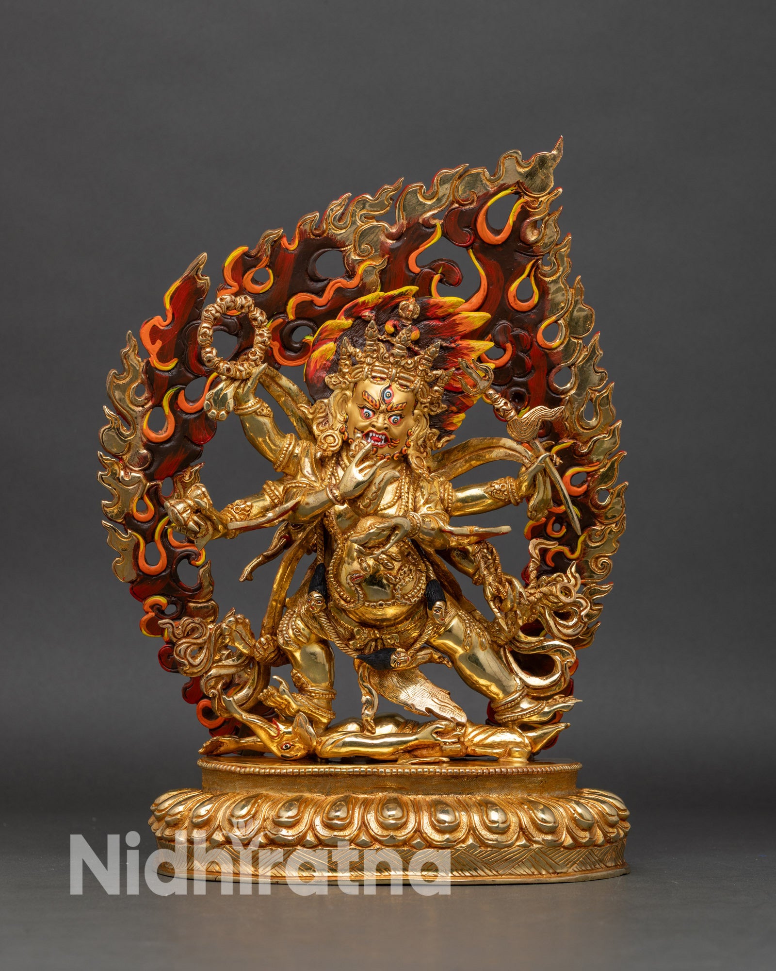 Six-Armed Mahakala statue front view handcrafted Nepalese copper gold gilded protector