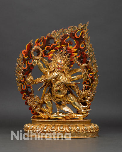 Six-Armed Mahakala statue front view handcrafted Nepalese copper gold gilded protector