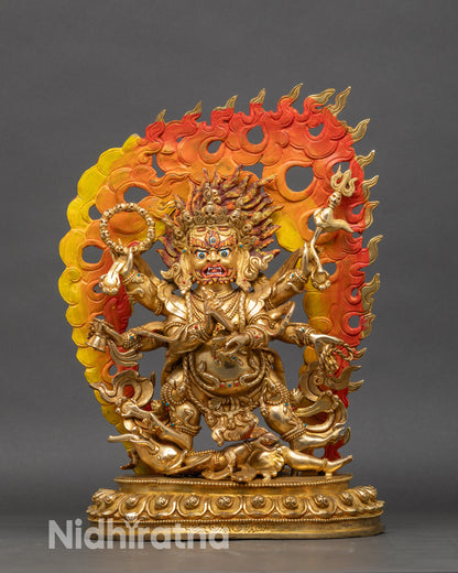 Six-Armed Mahakala statue, gilded copper, six arms with ritual implements