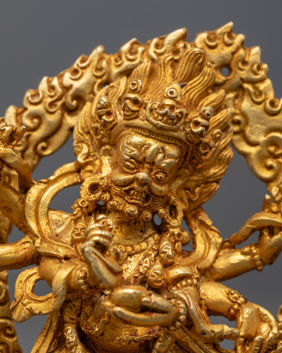 Six Armed Mahakala deity with five skull crown radiant halo and detailed acrylic painting