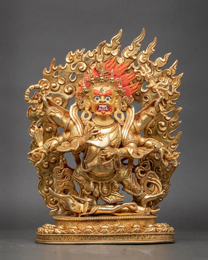 Six Armed Mahakala statue front view, copper with gold fire-gilding and lotus base