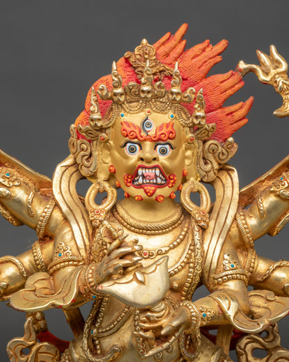 Six Armed Mahakala statue mid-close view, intricate tiger-skin robe details visible