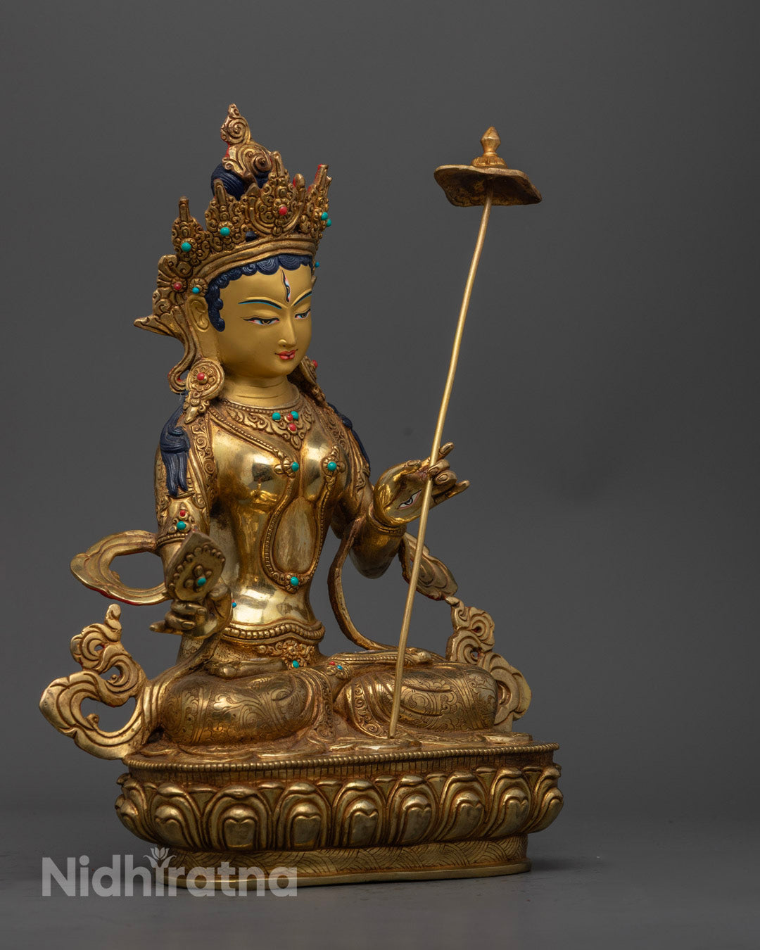 Spiritual Dukar Sculpture Seated on Lotus Throne with Fire-Gilded Gold Finish