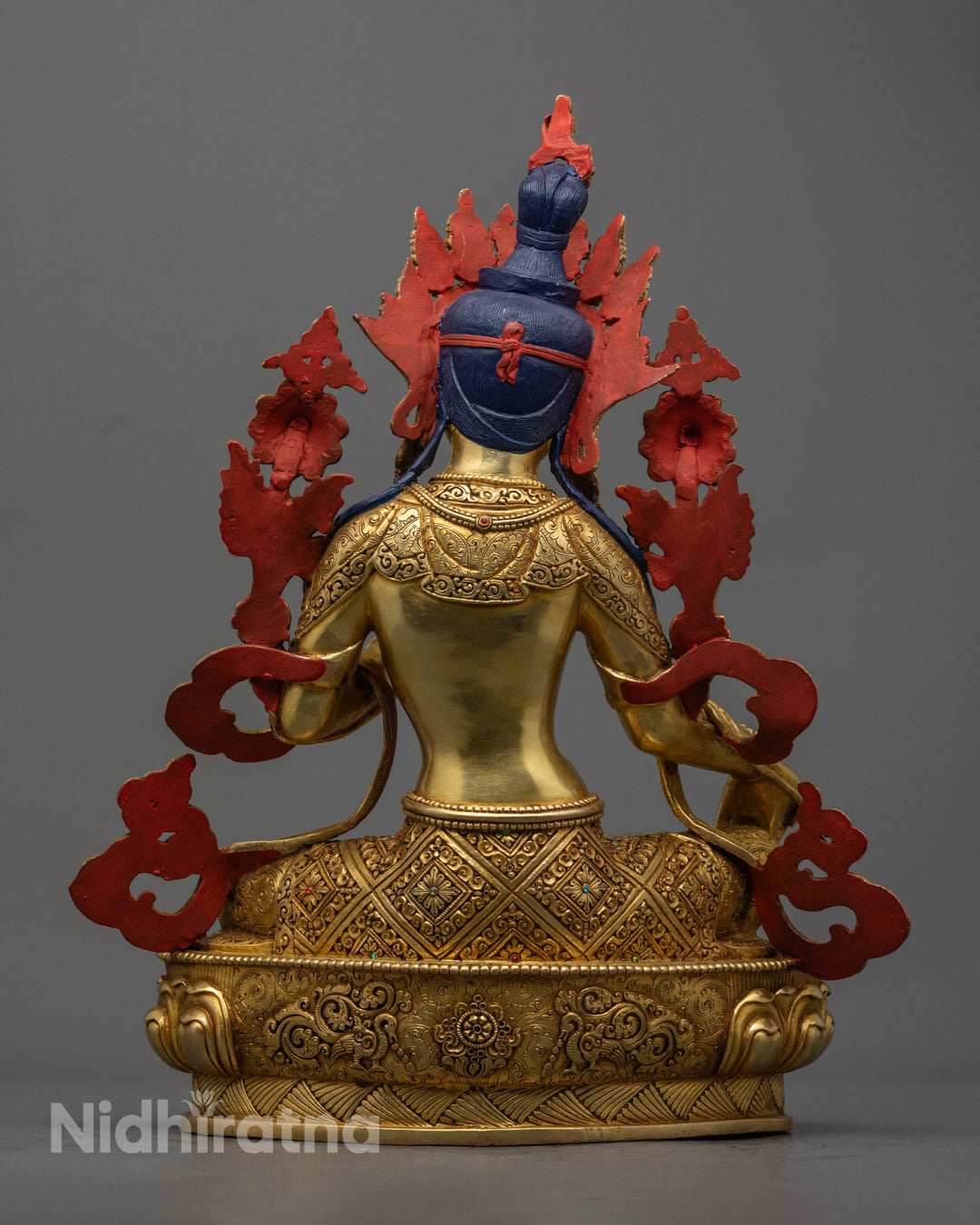 Spiritual Green Tara Statue with 24K gold and semi-precious stones, featuring a hollow compartment for auspicious mantras and consecration.
