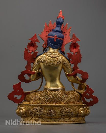 Spiritual Green Tara Statue with 24K gold and semi-precious stones, featuring a hollow compartment for auspicious mantras and consecration.
