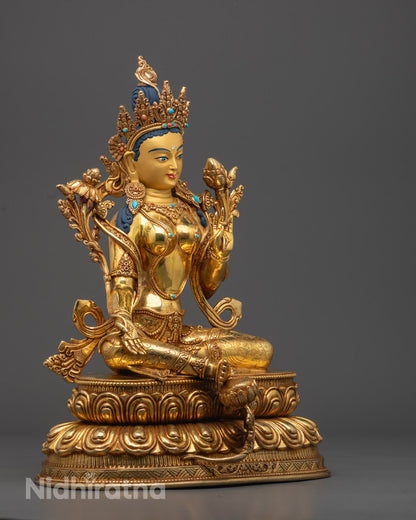 Spiritual Green Tara artwork seated on lotus throne, symbolizing protection, wisdom, and compassion