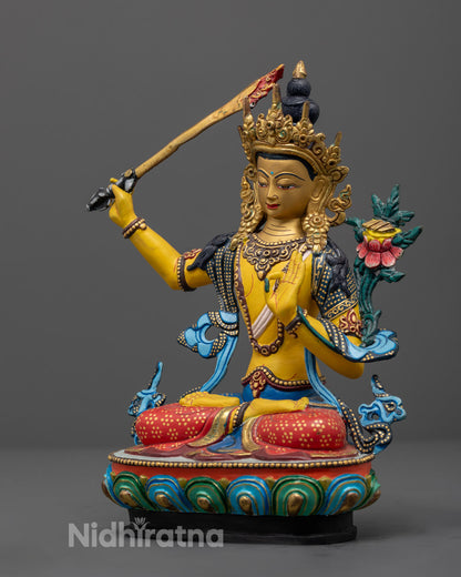 Spiritual Manjushri Buddha Statue for Wisdom, Clarity, and Enlightenment in Yellow Hue