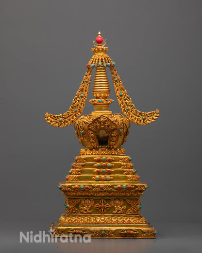 Spiritual Stupa from Nepal | Gold on Copper Art