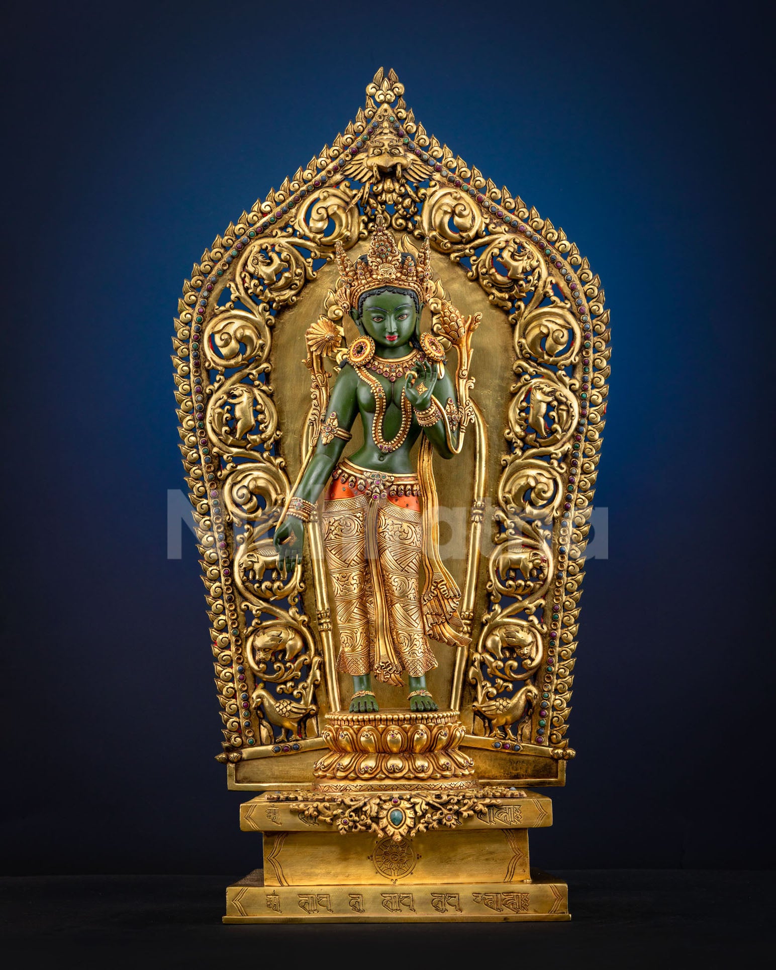 Standing Green Tara statue front view handmade Buddhist sculpture from Nepal with 24K gold fire gilded copper deity art