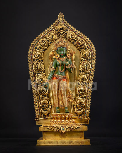 Standing Green Tara statue front view handmade in Nepal