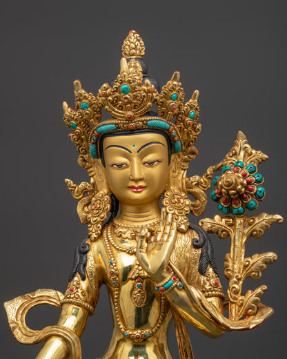Standing Chenrezig statue gold-gilded face five-jeweled crown Tibetan Buddhist deity closeup